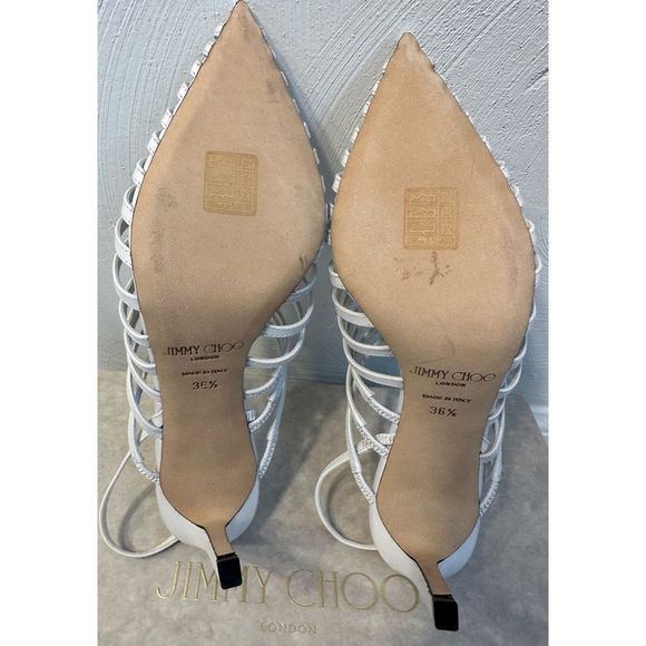 Jimmy Choo Thu 85 White Nappa Leather Sling Back Heels with Horizontal Straps - Picture 13 of 16